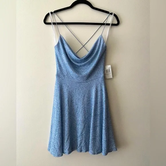 B.Darlin Dress , Light blue bungee strap cowl neck glitter/sparkly. B.Darlin Dress , Light blue bungee strap cowl neck glitter/sparkly.